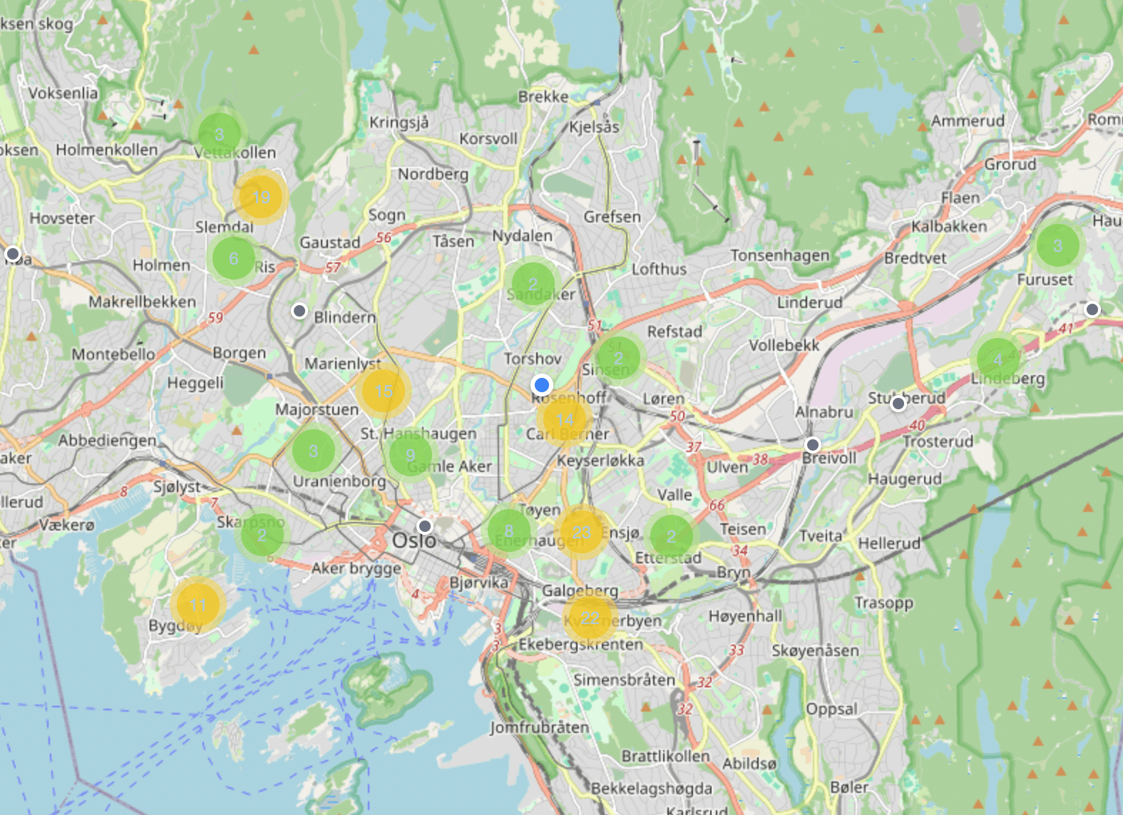 Kart over Oslo med blinkende varsler
